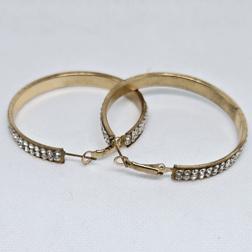 Gold Tone Large Hoop Earrings Clear Rhinestone Pave Statement Glam
